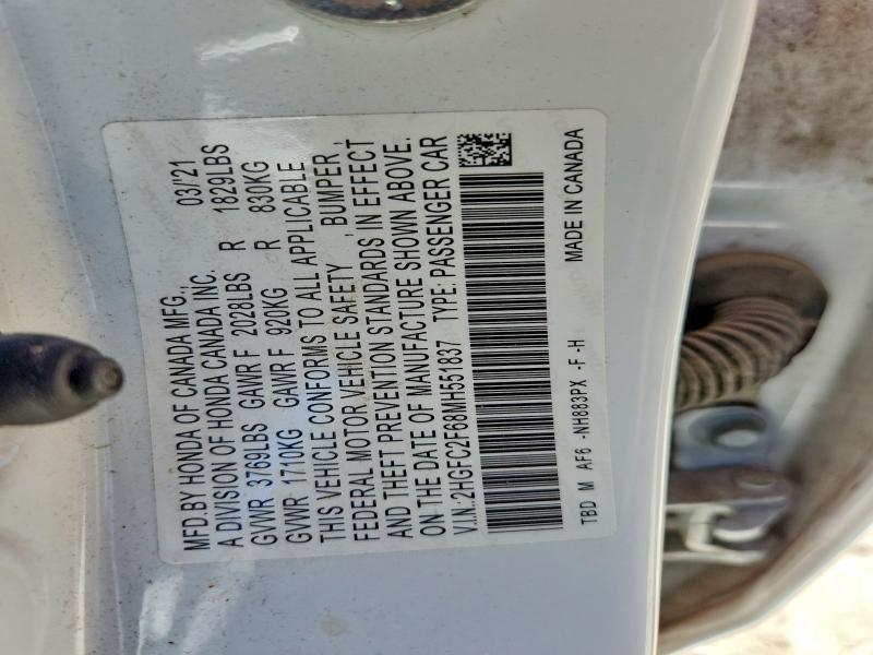 Продажа на аукционе авто 2021 Honda Civic, vin: 2HGFC2F68MH551837, номер лота: 60250846