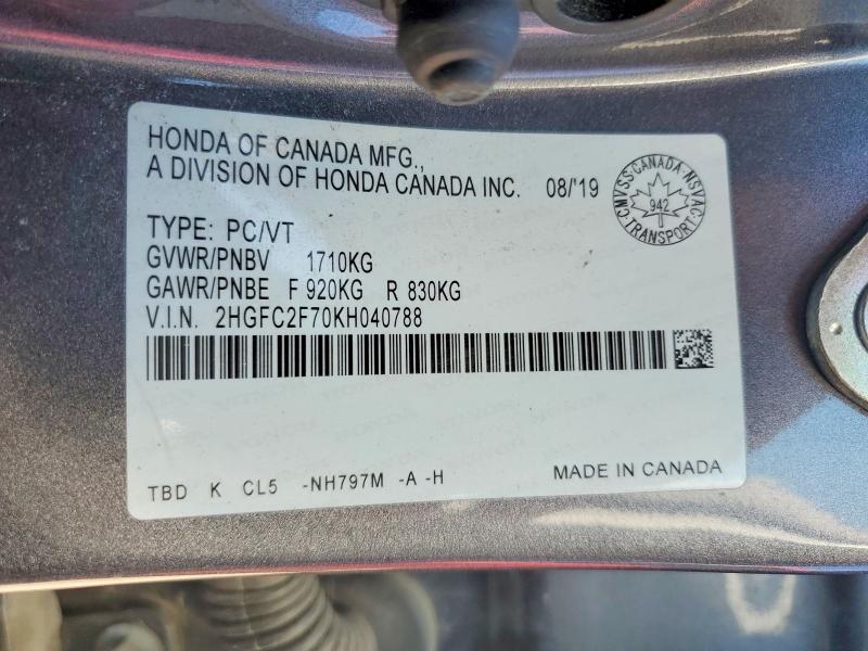 Продаж на аукціоні авто 2019 Honda Civic, vin: 2HGFC2F70KH040788, номер лоту: 62770576