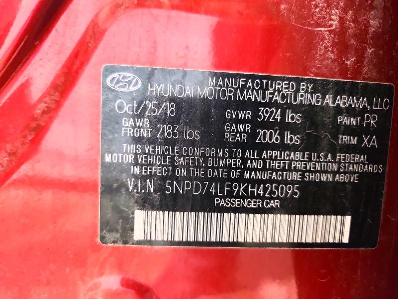 60997926 :رقم المزاد ، 5NPD74LF9KH425095 vin ، 2019 Hyundai Elantra مزاد بيع
