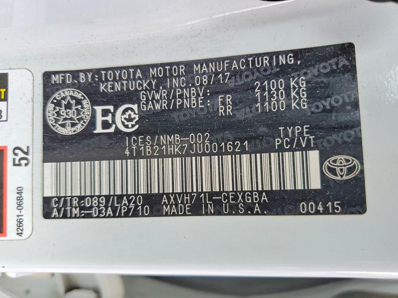 2018 Toyota Camry Hybrid მანქანა იყიდება აუქციონზე, vin: 4T1B21HK7JU001621, აუქციონის ნომერი: 59150016