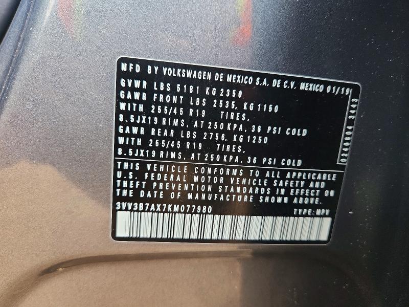 2019 Volkswagen Tiguan მანქანა იყიდება აუქციონზე, vin: 3VV3B7AX7KM077980, აუქციონის ნომერი: 61956026