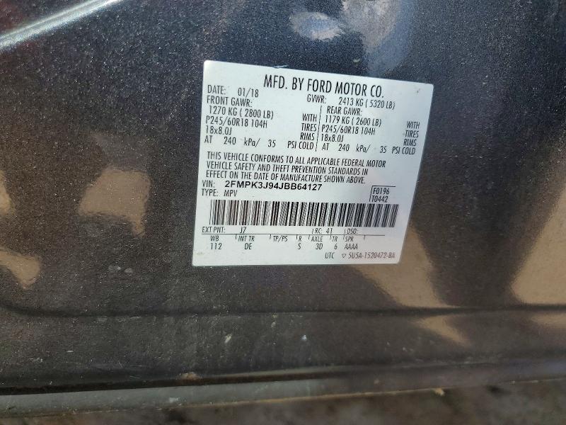 60617616 :رقم المزاد ، 2FMPK3J94JBB64127 vin ، 2018 Ford Edge مزاد بيع