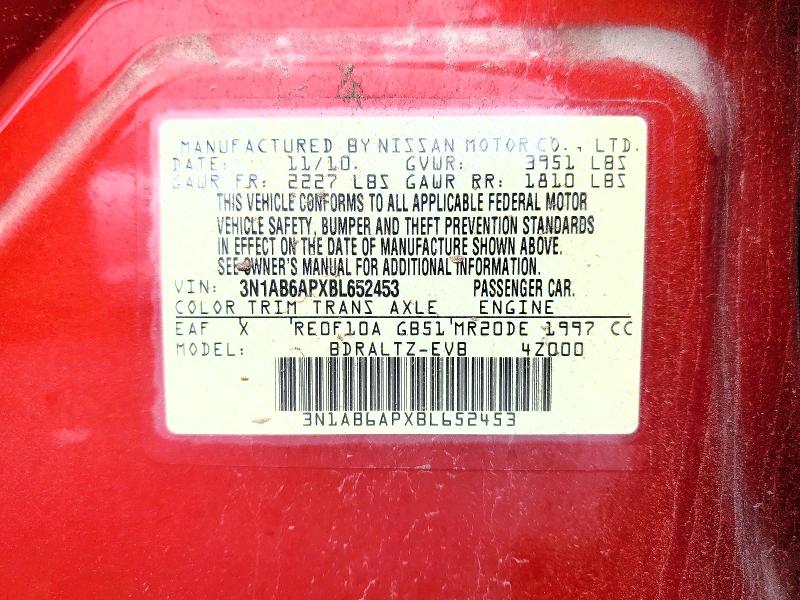2011 Nissan Sentra მანქანა იყიდება აუქციონზე, vin: 3N1AB6APXBL652453, აუქციონის ნომერი: 60768046