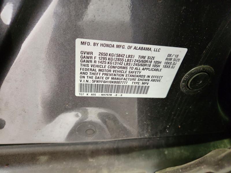 60713486 :رقم المزاد ، 5FNYF6H10KB007777 vin ، 2019 Honda Pilot مزاد بيع