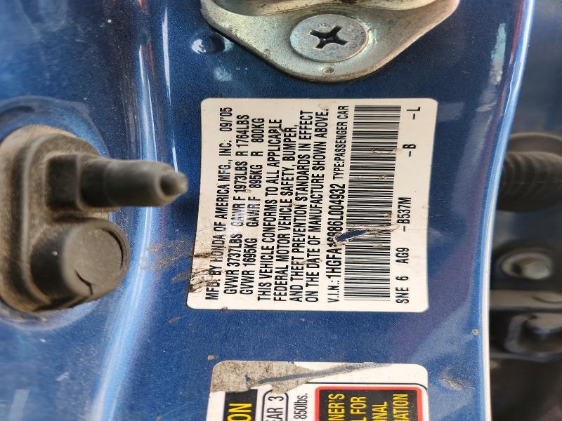 Aukcja sprzedaży 2006 Honda Civic, vin: 1HGFA16886L004932, numer aukcji: 62419396
