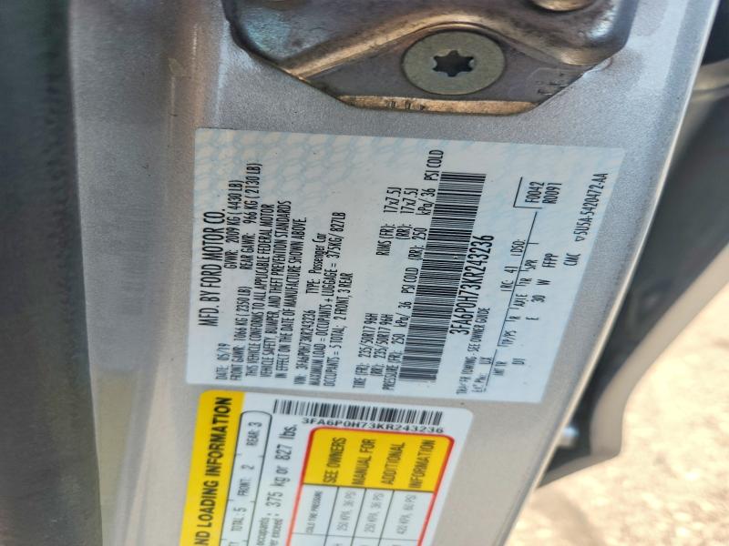 2019 Ford Fusion მანქანა იყიდება აუქციონზე, vin: 3FA6P0H73KR243236, აუქციონის ნომერი: 59343976