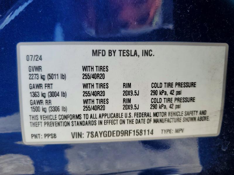 Продажа на аукционе авто 2024 Tesla Model Y, vin: 7SAYGDED9RF158114, номер лота: 60225026