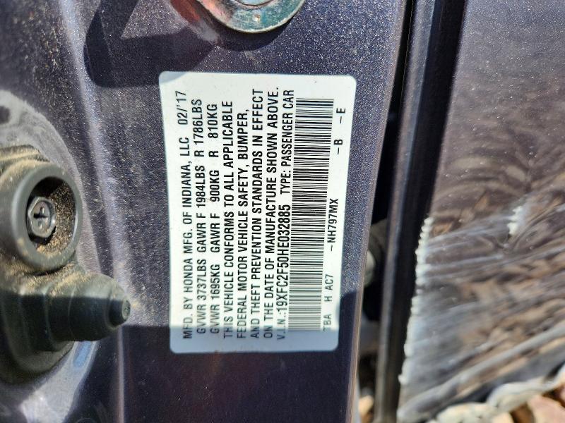 Продаж на аукціоні авто 2017 Honda Civic, vin: 19XFC2F50HE032885, номер лоту: 59338496