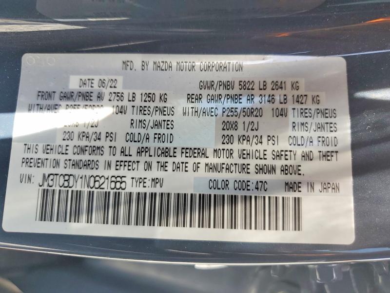 Продаж на аукціоні авто 2022 Mazda Cx-9, vin: JM3TCBDY1N0621665, номер лоту: 61997976