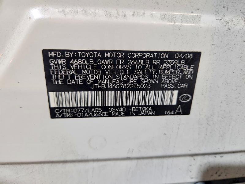 2008 Lexus Es მანქანა იყიდება აუქციონზე, vin: JTHBJ46G782245023, აუქციონის ნომერი: 61184526