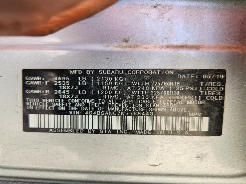 59344986 :رقم المزاد ، 4S4BSANC7K3368443 vin ، 2019 Subaru Outback مزاد بيع