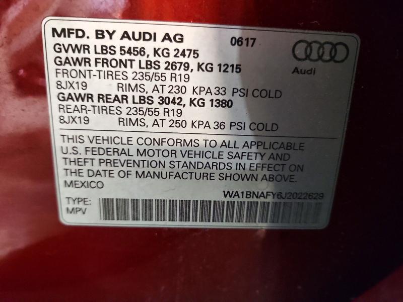 61142976 :رقم المزاد ، WA1BNAFY6J2022629 vin ، 2018 Audi Q5 مزاد بيع