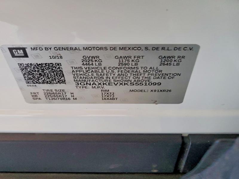 Aukcja sprzedaży 2019 Chevrolet Equinox, vin: 3GNAXKEVXKS551099, numer aukcji: 58798326