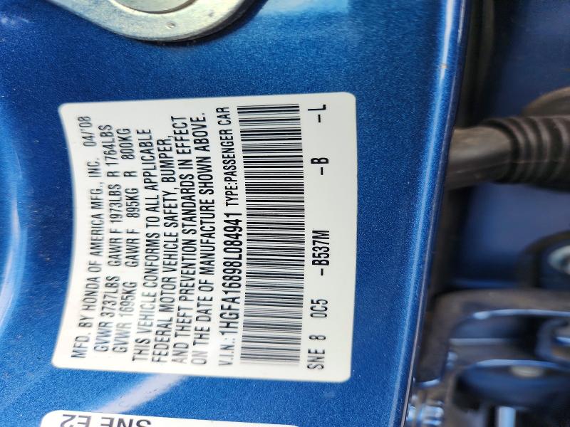 2008 Honda Civic მანქანა იყიდება აუქციონზე, vin: 1HGFA16898L084941, აუქციონის ნომერი: 60258056