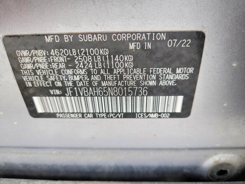 Продаж на аукціоні авто 2022 Subaru Wrx, vin: JF1VBAH65N8015736, номер лоту: 62028126