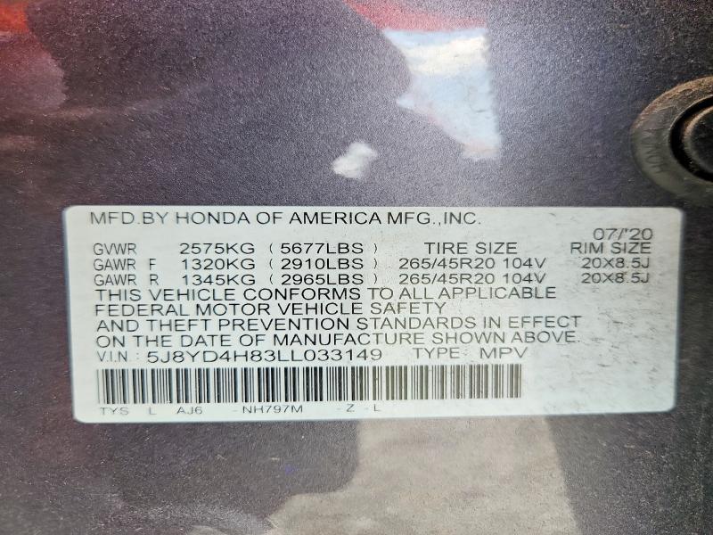 Aukcja sprzedaży 2020 Acura Mdx, vin: 5J8YD4H83LL033149, numer aukcji: 62883446