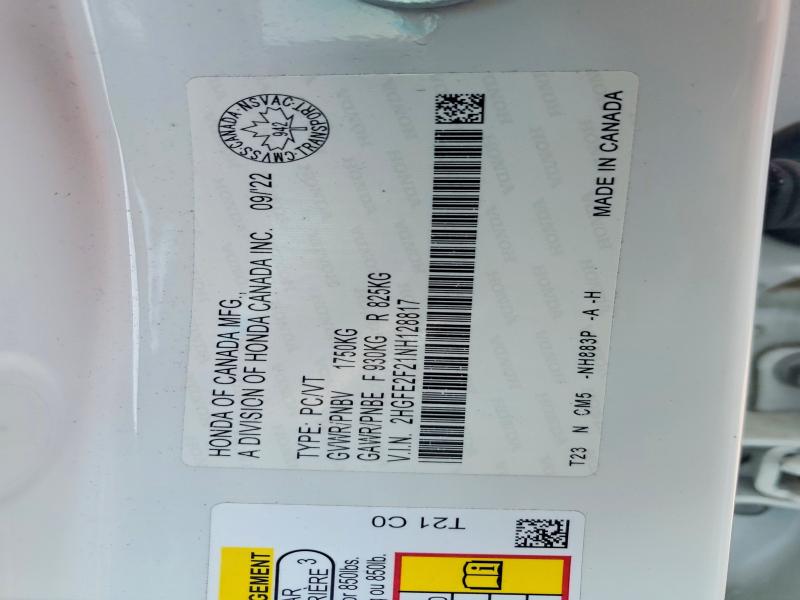 Aukcja sprzedaży 2022 Honda Civic, vin: 2HGFE2F21NH128817, numer aukcji: 95588905