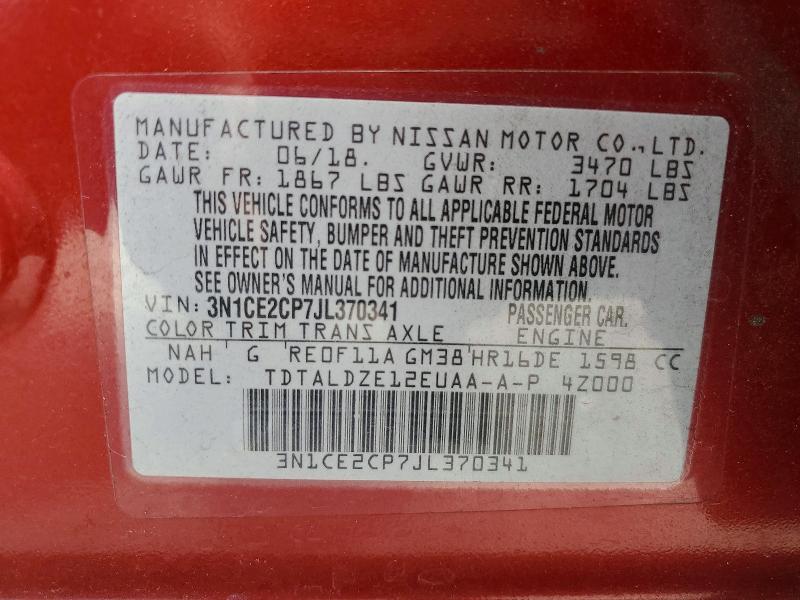 63648396 :رقم المزاد ، 3N1CE2CP7JL370341 vin ، 2018 Nissan Versa Note مزاد بيع