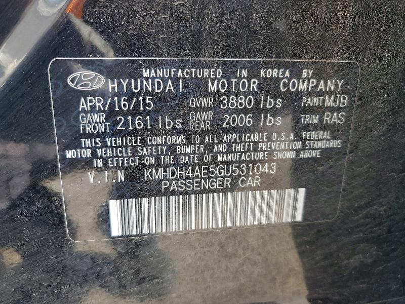 Продаж на аукціоні авто 2016 Hyundai Elantra, vin: KMHDH4AE5GU531043, номер лоту: 62207146