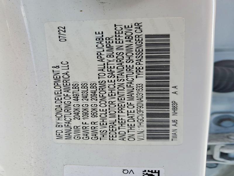 Auction sale of the 2022 Honda Accord, vin: 1HGCV3F90NA031533, lot number: 62961676