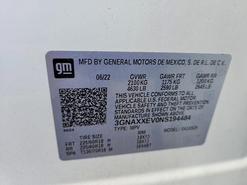60490766 :رقم المزاد ، 3GNAXXEV0NS194484 vin ، 2022 Chevrolet Equinox مزاد بيع