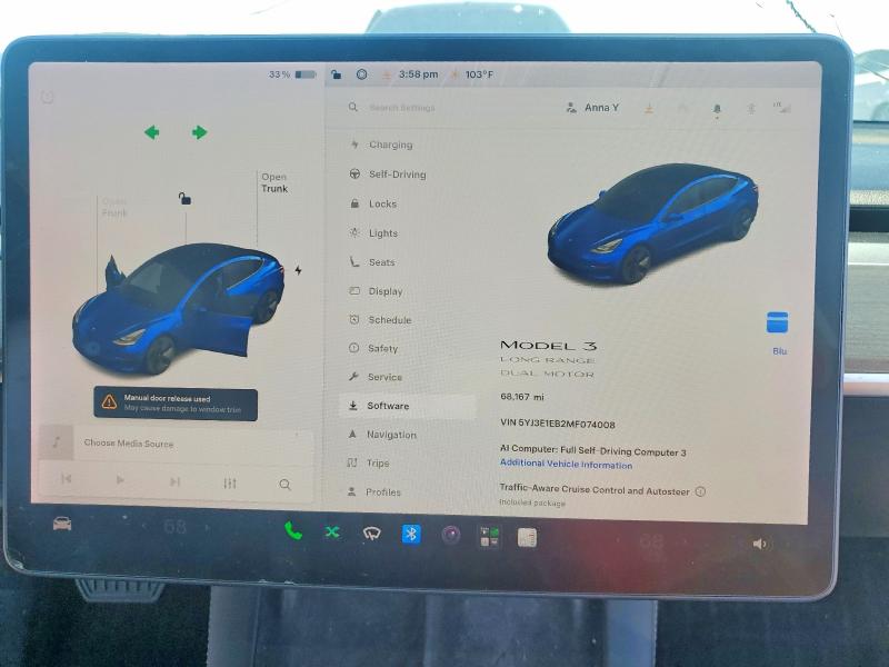 2021 Tesla Model 3 მანქანა იყიდება აუქციონზე, vin: 5YJ3E1EB2MF074008, აუქციონის ნომერი: 59161156