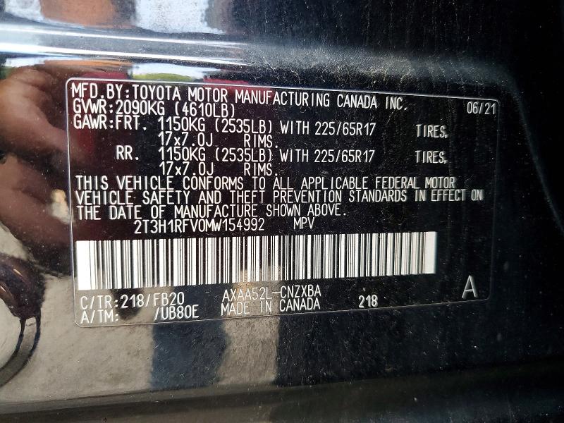 61282696 :رقم المزاد ، 2T3H1RFV0MW154992 vin ، 2021 Toyota Rav4 مزاد بيع