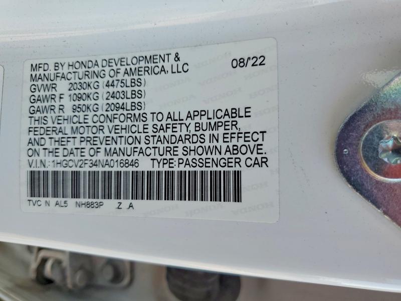 2022 Honda Accord მანქანა იყიდება აუქციონზე, vin: 1HGCV2F34NA016846, აუქციონის ნომერი: 61056066