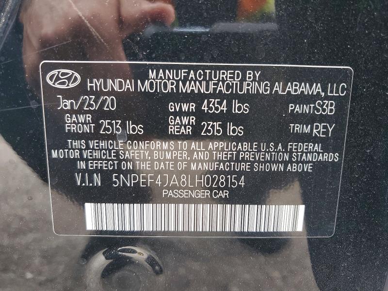 2020 Hyundai Sonata მანქანა იყიდება აუქციონზე, vin: 5NPEF4JA8LH028154, აუქციონის ნომერი: 59393116