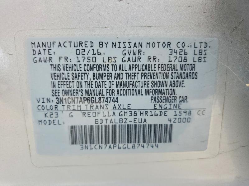 Aukcja sprzedaży 2016 Nissan Versa, vin: 3N1CN7AP6GL874744, numer aukcji: 58820656