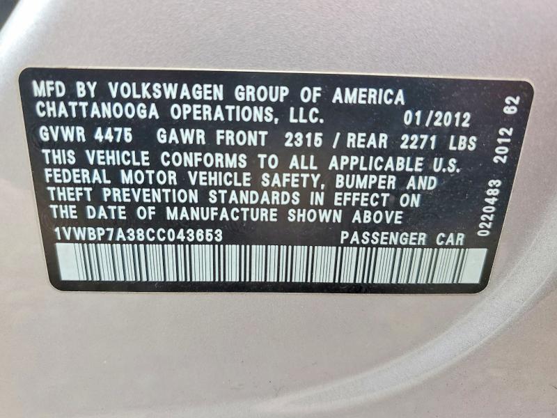 62606416 :رقم المزاد ، 1VWBP7A38CC043653 vin ، 2012 Volkswagen Passat مزاد بيع