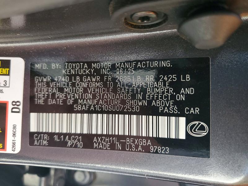 2025 Lexus Es 300h მანქანა იყიდება აუქციონზე, vin: 58AFA1C10SU072530, აუქციონის ნომერი: 63057496