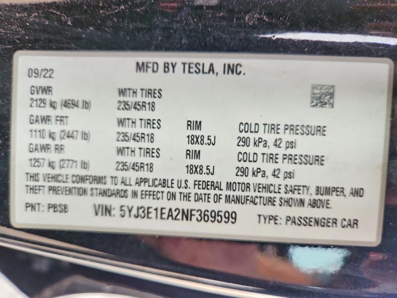 2022 Tesla Model 3 მანქანა იყიდება აუქციონზე, vin: 5YJ3E1EA2NF369599, აუქციონის ნომერი: 61125116