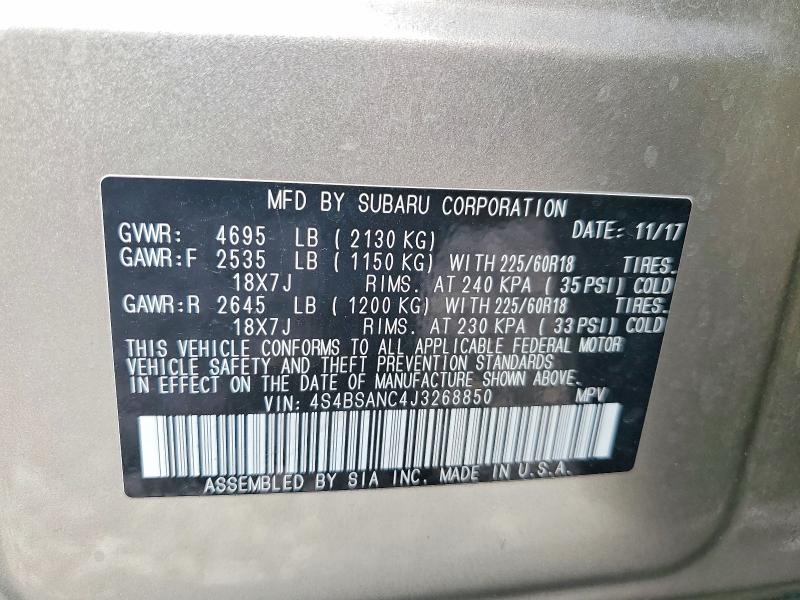 Aukcja sprzedaży 2018 Subaru Outback, vin: 4S4BSANC4J3268850, numer aukcji: 60554546