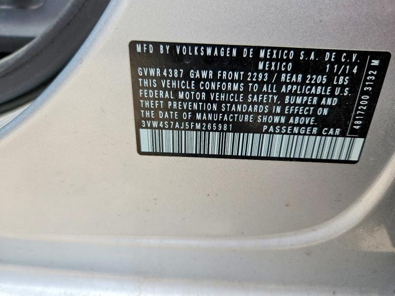 2015 Volkswagen Jetta მანქანა იყიდება აუქციონზე, vin: 3VW4S7AJ5FM265981, აუქციონის ნომერი: 61039636