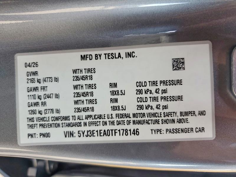 2026 Tesla Model 3 მანქანა იყიდება აუქციონზე, vin: 5YJ3E1EA0TF178146, აუქციონის ნომერი: 60638146