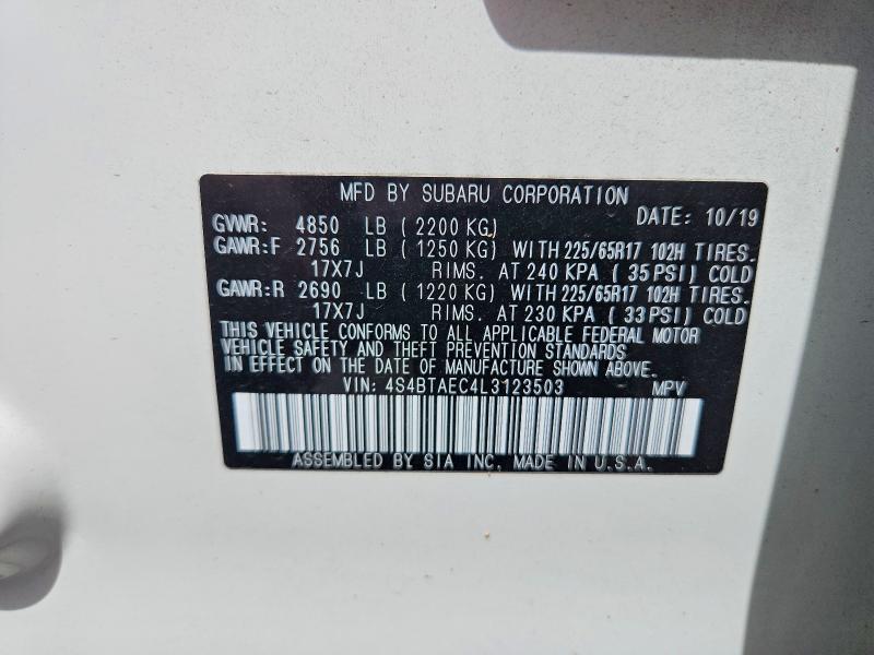 2020 Subaru Outback მანქანა იყიდება აუქციონზე, vin: 4S4BTAEC4L3123503, აუქციონის ნომერი: 61674086