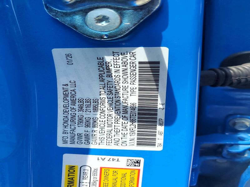Продажа на аукционе авто 2026 Honda Civic, vin: 19XFL2H86TE014696, номер лота: 60411596