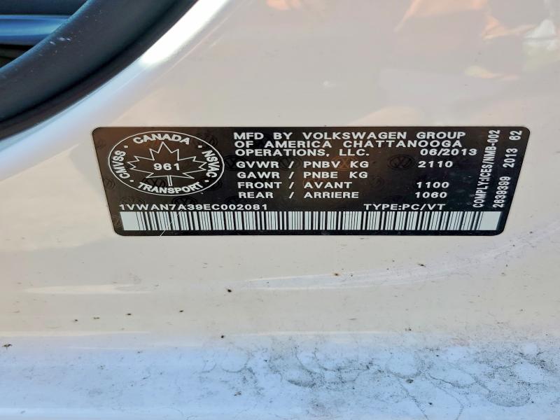 59197426 :رقم المزاد ، 1VWAN7A39EC002081 vin ، 2014 Volkswagen Passat مزاد بيع