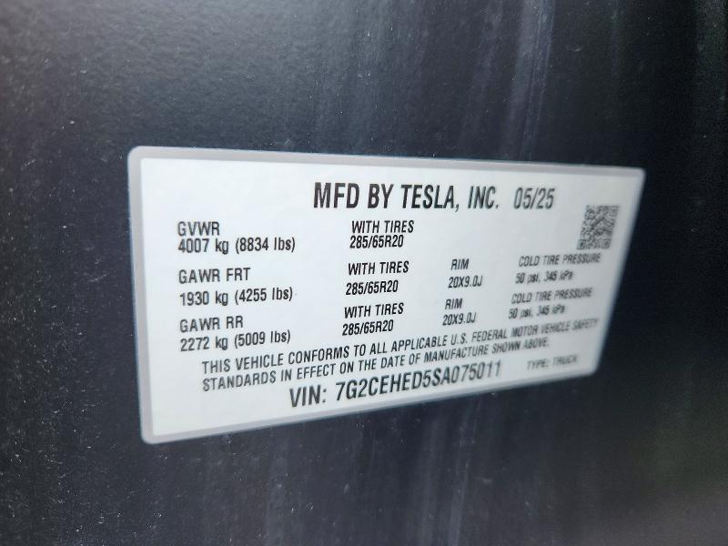 Продаж на аукціоні авто 2025 Tesla Cybertruck, vin: 7G2CEHED5SA075011, номер лоту: 62816176