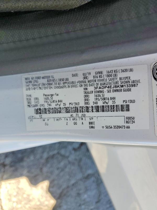 2019 Ford Fiesta მანქანა იყიდება აუქციონზე, vin: 3FADP4EJ8KM133987, აუქციონის ნომერი: 60330146