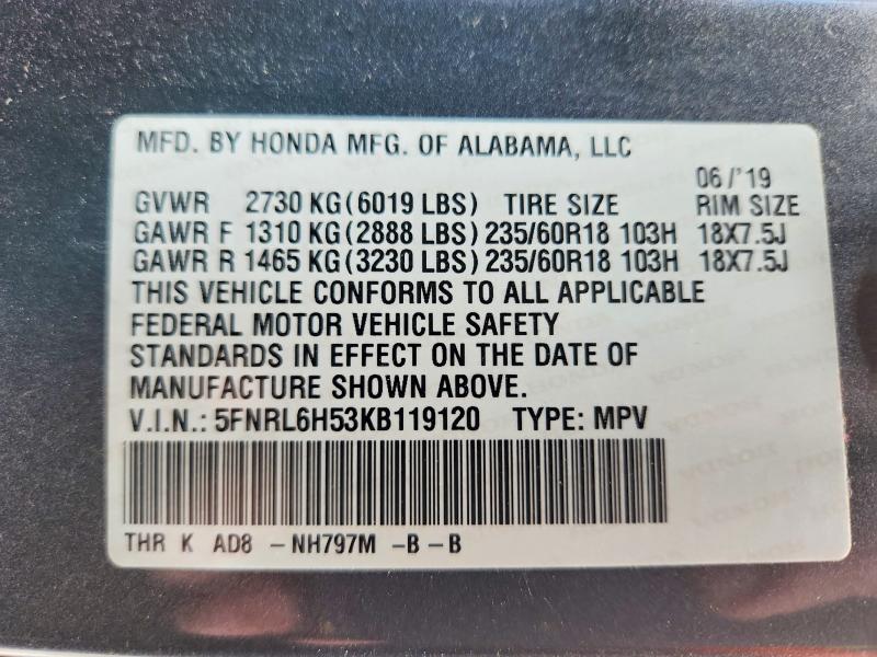 62454356 :رقم المزاد ، 5FNRL6H53KB119120 vin ، 2019 Honda Odyssey مزاد بيع