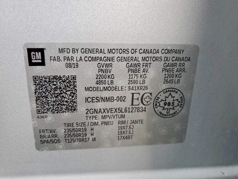 Продаж на аукціоні авто 2020 Chevrolet Equinox, vin: 2GNAXVEX5L6127834, номер лоту: 60994456