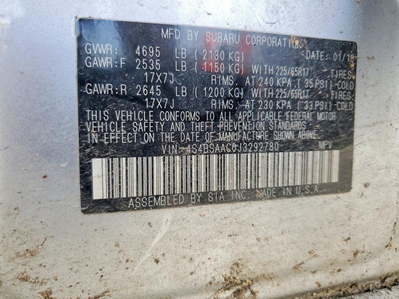 2018 Subaru Outback მანქანა იყიდება აუქციონზე, vin: 4S4BSAAC0J3292780, აუქციონის ნომერი: 62308246