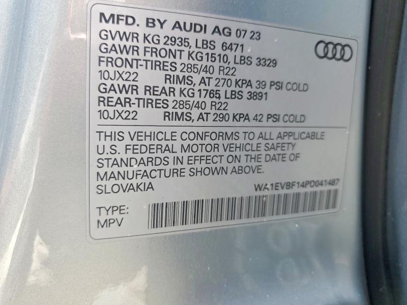 62616766 :رقم المزاد ، WA1EVBF14PD041487 vin ، 2023 Audi Q8 مزاد بيع