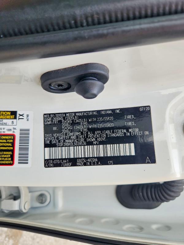 Aukcja sprzedaży 2020 Toyota Highlander, vin: 5TDFZRBH2LS039536, numer aukcji: 59969106