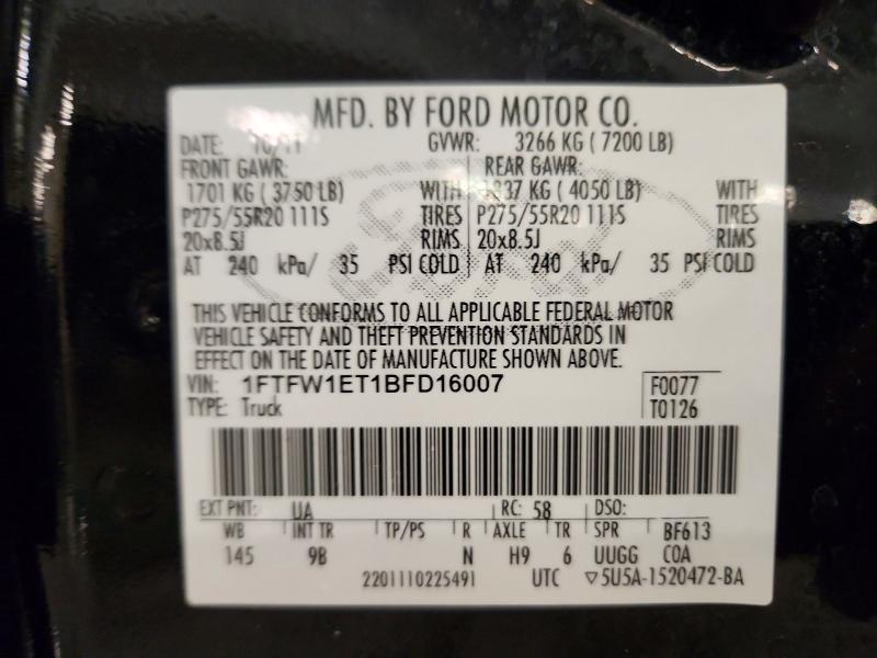 2011 Ford F150 მანქანა იყიდება აუქციონზე, vin: 1FTFW1ET1BFD16007, აუქციონის ნომერი: 62795396