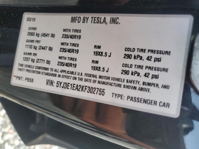 Продажа на аукционе авто 2019 Tesla Model 3, vin: 5YJ3E1EA2KF302755, номер лота: 63153026