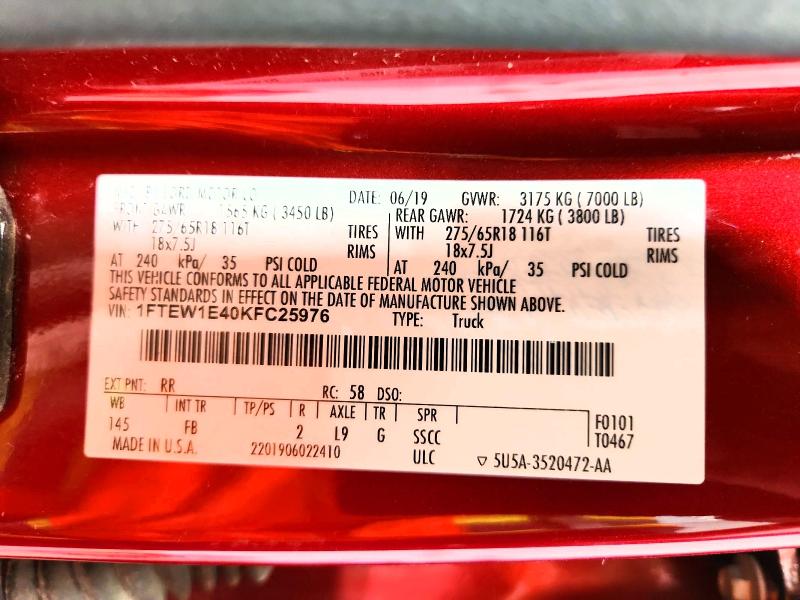 60928926 :رقم المزاد ، 1FTEW1E40KFC25976 vin ، 2019 Ford F150 مزاد بيع