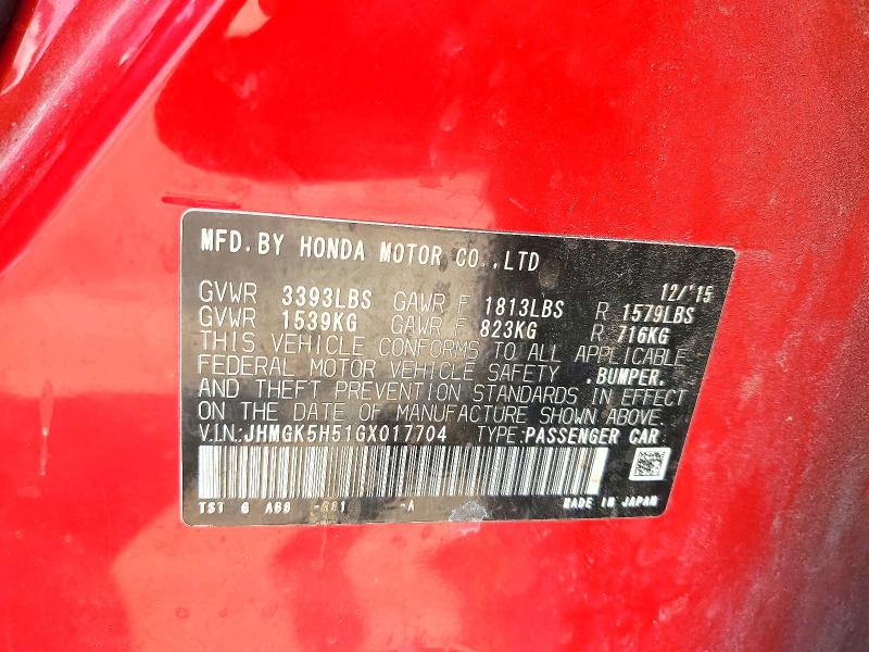 Aukcja sprzedaży 2016 Honda Fit, vin: JHMGK5H51GX017704, numer aukcji: 62901396